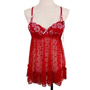 Rene Rolf Sheer Red Polka-Dot Floral Push-Up Nighty Baby Doll Size